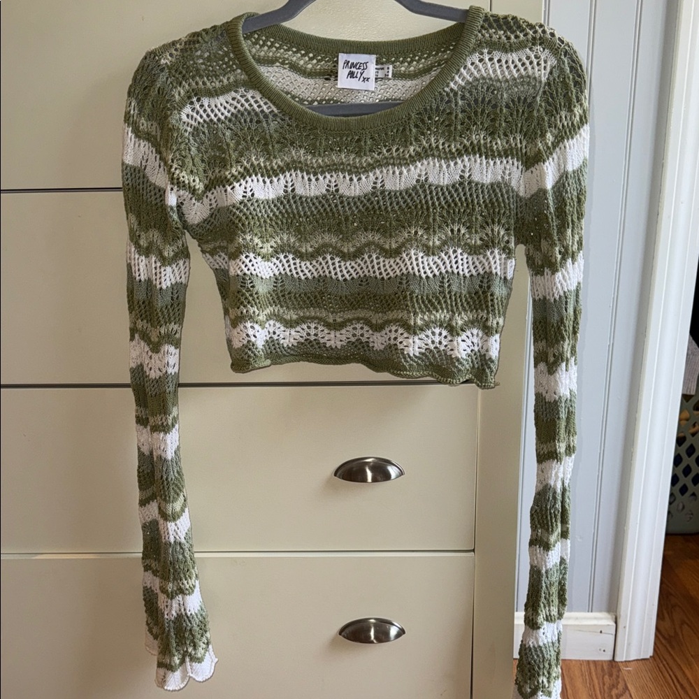 Princess Polly Green and White Knit Crop Top